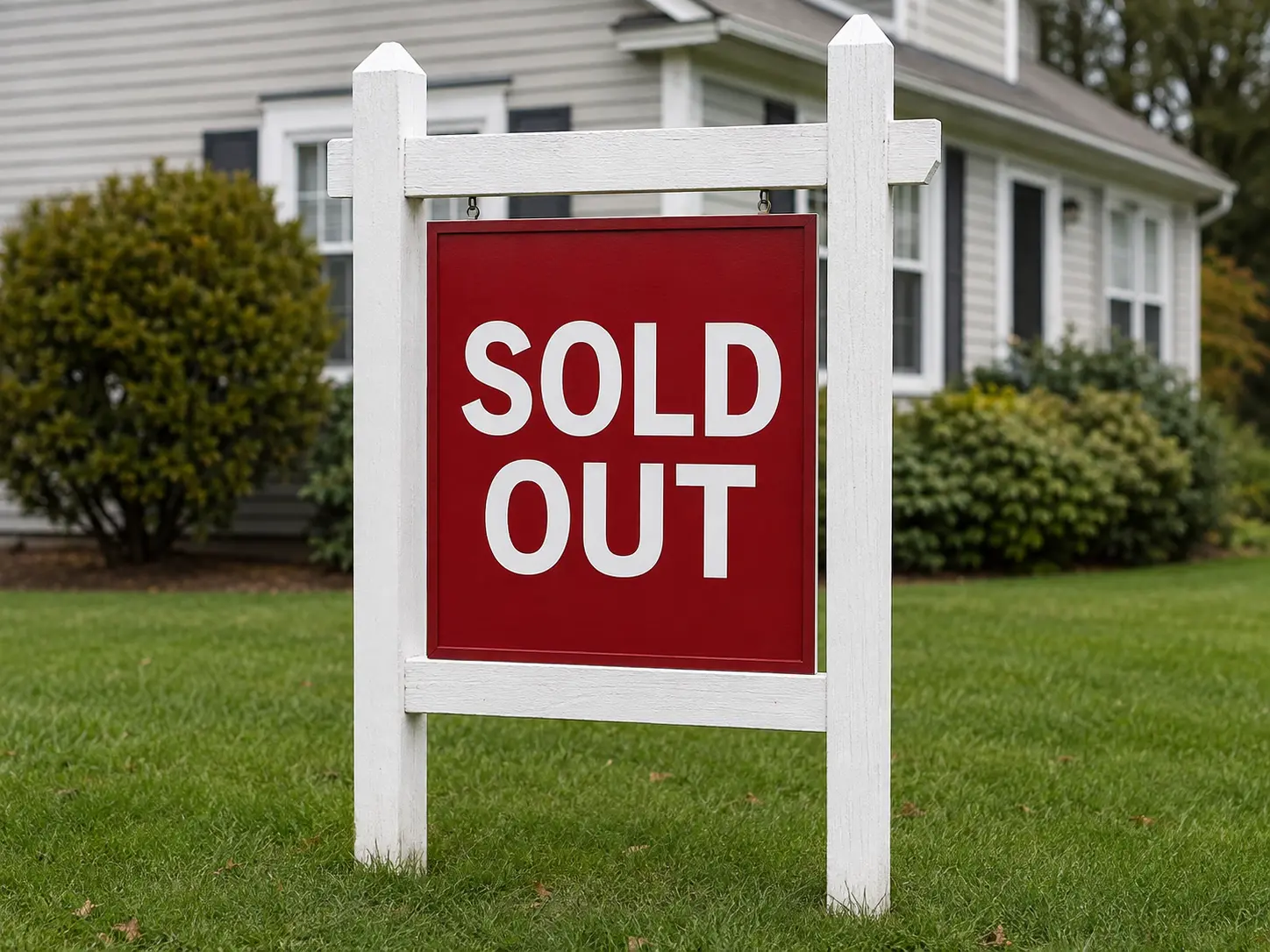 Red and white Sold Out sign in front of a home.